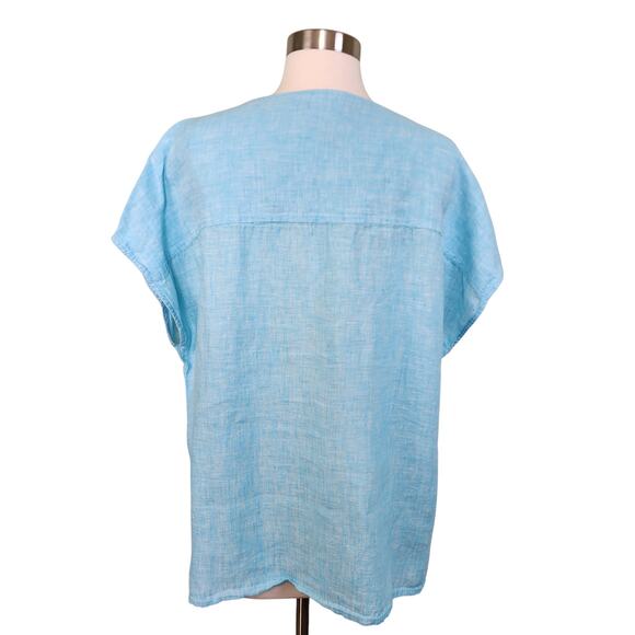 Tahari Womens Linen Popover Blouse Size Large Blue V Neck Minimalist Lagenlook - Picture 4 of 11